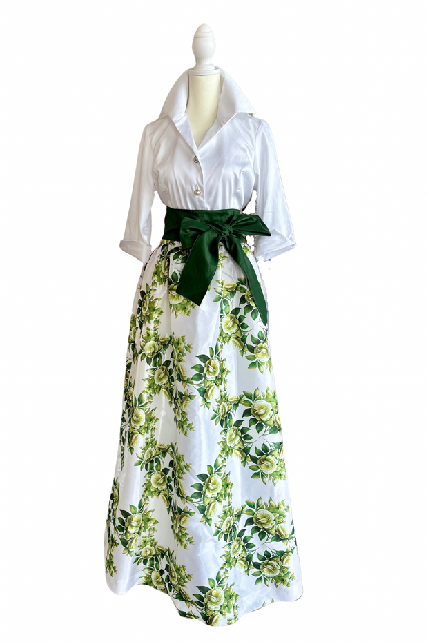 Taffeta Ball Skirt in Green Camellias
