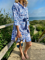 Waverly Shirt Dress in Blue and White Pawleys Toile