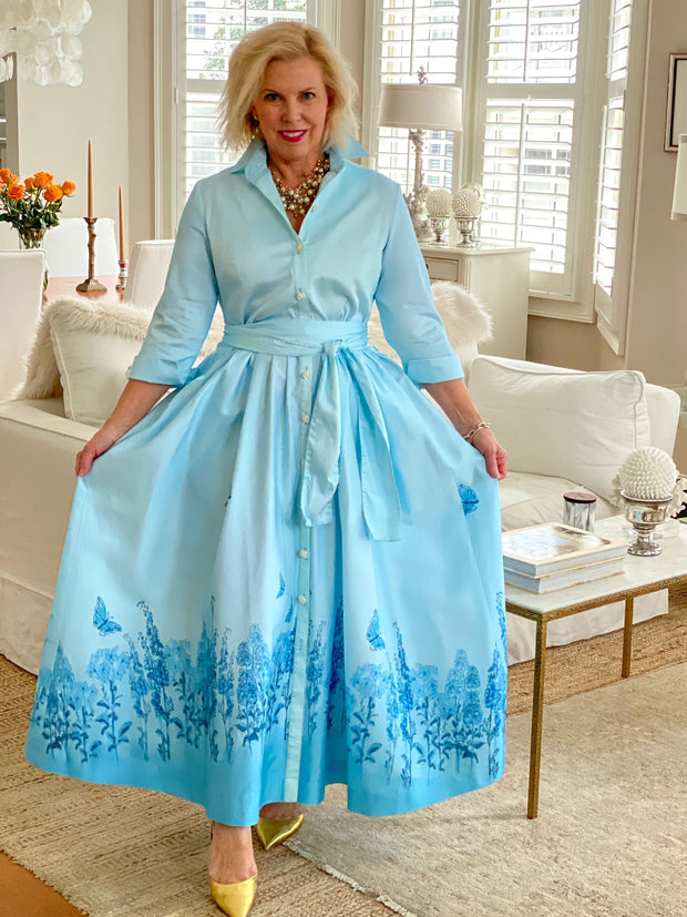 Huntington with Pleated Skirt in Aquamarine Ombré and English Garden Border Print